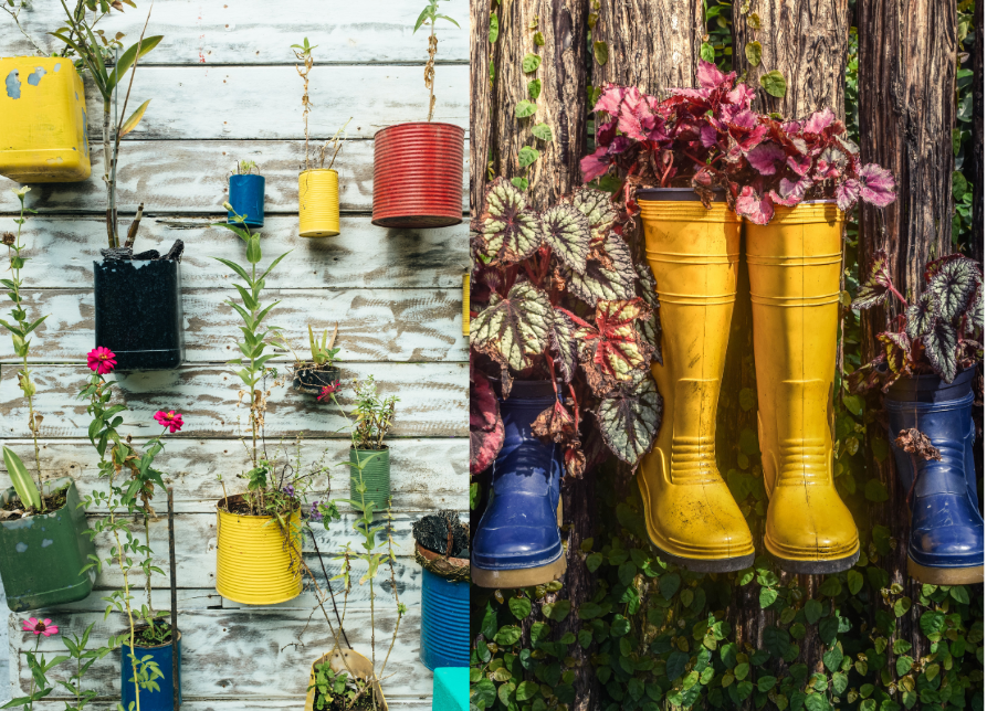 Image of tin cans and gumboots repurposed to hold flowers and herbs in a DIY garden.